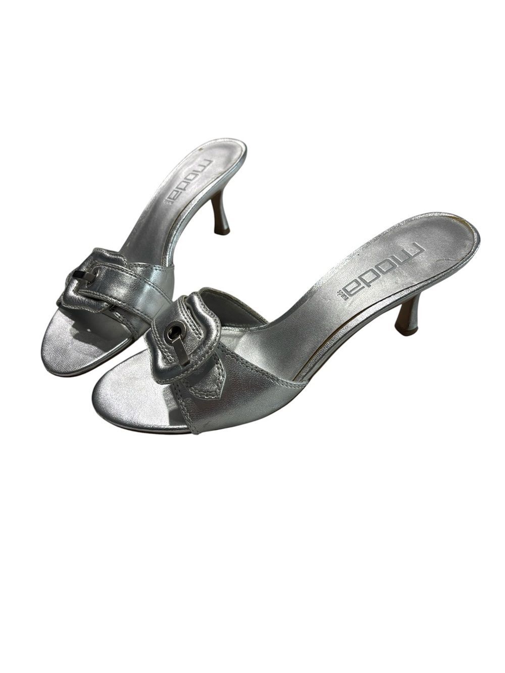 Moda Spana Silver Buckle Leather Open-Toe Kitten Heel Mules Women’s 8M Slip on